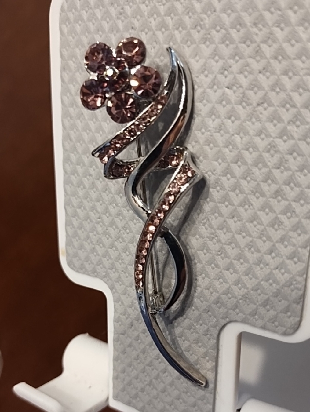 Silver-tone Pink Crystal Floral Swirl Brooch
